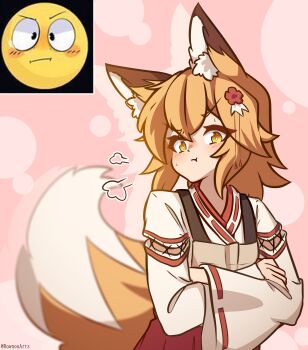 1girl absurdres animal_ear_fluff animal_ears blush bubble_background crossed_arms fox_ears fox_girl fox_tail full_body hair_between_eyes hair_ornament highres long_sleeves pink_background pout reference_inset ribbon-trimmed_sleeves ribbon_trim rownou senko_(sewayaki_kitsune_no_senko-san) sewayaki_kitsune_no_senko-san simple_background solo tail wide_sleeves