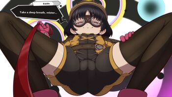 1girl absurdres ass belt black_hair brown_belt cameltoe commentary commission english_commentary english_text gloves goggles half-closed_eyes hand_on_own_thigh hat highres holding holding_leash leash nishimori_haruna persona persona_5 persona_5:_the_phantom_x pink_gloves poethewondercat pov purple_eyes riddle_(p5x) smile solo speech_bubble split_mouth thighhighs viewer_on_leash