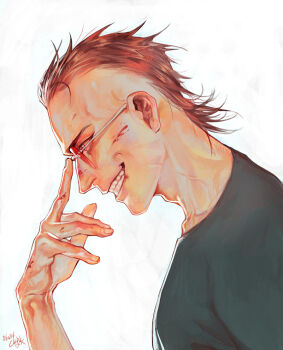 1boy adjusting_eyewear black_shirt blood blood_on_face blood_on_hands brown_hair ctkcave from_side glasses hand_on_eyewear male_focus mature_male mohawk original red-tinted_eyewear shirt short_hair simple_background smile solo tinted_eyewear white-framed_eyewear white_background white_eyes