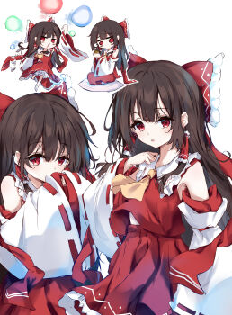Rule 34 | 1girl, 5nikorai, absurdres, ascot, bow, brown hair, chibi, chibi inset, commentary, cup, danmaku, detached sleeves, frilled bow, frilled hair tubes, frilled skirt, frills, gohei, hair bow, hair tubes, hakurei reimu, highres, holding, holding cup, holding gohei, long hair, looking at viewer, multiple views, open mouth, red bow, red eyes, red skirt, ribbon-trimmed sleeves, ribbon trim, simple background, sitting, skirt, skirt set, touhou, white background, yellow ascot