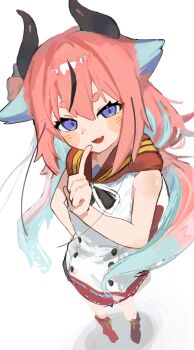 Rule 34 | 1other, absurdres, aqua hair, asymmetrical legwear, black horns, black streaks, blue eyes, boots, buttons, double-breasted, finger to mouth, from above, gynoid talk, hand on own hip, head tilt, highres, horns, index finger raised, long hair, looking at viewer, low twintails, meika hime, mismatched legwear, multicolored hair, open mouth, pink hair, red skirt, sabiaji (gama ou), shirt, short eyebrows, sidelocks, simple background, sketch, skirt, sleeveless, smile, solo, standing, streaked hair, thick eyebrows, twintails, very long hair, vocaloid, white background, white shirt