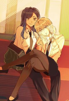 Rule 34 | 2girls, azusawa kohane, black hair, black jacket, black necktie, black pants, black pantyhose, black shoes, black skirt, blonde hair, closed mouth, commentary request, hair ornament, highres, jacket, korean commentary, long hair, multiple girls, necktie, neeuhn, orange eyes, pants, pantyhose, parted lips, project sekai, shiraishi an, shirt, shoes, sitting, sitting on lap, sitting on person, skirt, smile, star (symbol), star hair ornament, twintails, white shirt, yellow eyes, yuri