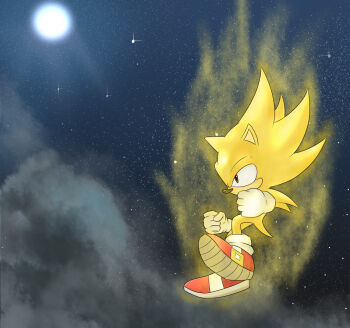 1boy animal animal_ears aura blonde_hair cloud floating full_moon furry gloves hedgehog hedgehog_boy moon red_eyes red_shoes riisu sega shoes sky socks sonic_(series) sonic_the_hedgehog spiked_hair star_(sky) starry_sky super_sonic tail white_gloves white_socks yellow_fur