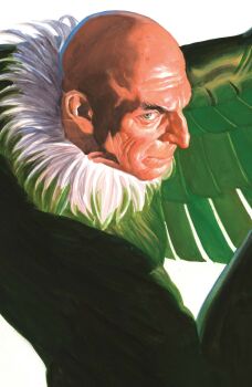 1boy absurdres alex_ross bald bodysuit comic_cover cover cover_page from_above fur_scarf green_bodysuit green_eyes green_wings highres hook_nose looking_at_viewer looking_to_the_side male_focus marvel mature_male official_art realistic solo spider-man_(series) vulture_(marvel) western_comics_(style) white_background wings wrinkled_skin