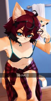 1girl :3 aeiou_(yoako) ahoge animal_ear_fluff animal_ears bikini black-framed_eyewear black_choker black_hair blue_eyes body_fur breasts cat_ears cat_girl cat_tail choker commentary ear_piercing earclip english_commentary english_text eyewear_lift furry furry_female glasses hair_ornament highres indoors jupiter_symbol looking_at_viewer multicolored_hair navel original piercing power_symbol-shaped_pupils red_hair selfie short_hair small_breasts smile solo streaked_hair swimsuit symbol-shaped_pupils tail towel two-tone_hair x_hair_ornament yoako