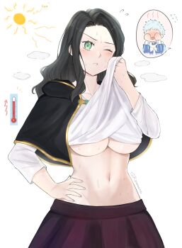 1boy 1girl artist_name black_clover black_hair blush breasts charmy_pappitson chibi chibi_inset cleavage closed_eyes closed_mouth clothes_lift collarbone cowboy_shot crop_top green_eyes hand_on_own_hip hands_on_own_hips highres holding hot jacket jewelry large_breasts lifting_own_clothes long_hair long_sleeves looking_at_viewer medium_breasts midriff miniskirt multiple_girls navel no_bra non-web_source one_eye_closed open_clothes open_mouth parted_bangs plaid_clothes plaid_skirt pleated_skirt rizaavana school_uniform shirt shirt_lift short_hair short_sleeves sidelocks simple_background skirt skirt_lift solo standing stomach sweat sweatdrop twitter_username underboob underwear undressing upper_body white_background white_shirt wiping_face wiping_sweat wiping_with_clothes