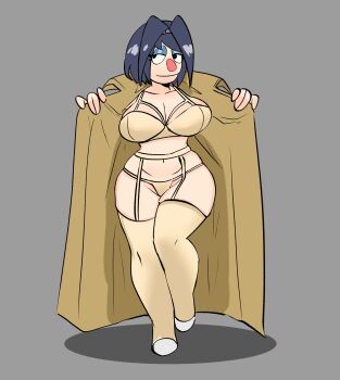 1girl black_eyes blue_hair breasts cleavage coat curvy eyelashes eyeshadow garter_belt garter_straps grey_background hairband half-closed_eyes highres hololive hololive_english large_breasts lingerie looking_at_viewer makeup muppets navel open_clothes open_coat ouro_kronii parody peagade presenting short_hair smile standing standing_on_one_leg style_parody thighhighs underwear virtual_youtuber what wide_hips