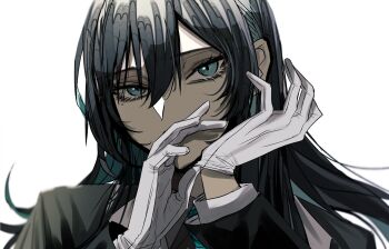 Rule 34 | 1girl, ado (utaite), black hair, blue hair, chando (ado), commentary, english commentary, gloves, gunjyou (gunjyou 00), hair between eyes, highres, long hair, long sleeves, mole, mole under eye, open mouth, portrait, removing glove, simple background, solo, white background, white gloves