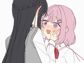 Rule 34 | 2girls, @ @, absurdres, amaori renako, anger vein, ashigaya high school uniform, black hair, blush, bow, bowtie, braid, collared shirt, commentary, ear blush, grey sweater vest, half up braid, hands on another's face, highres, koto satsuki, medium hair, multiple girls, open mouth, pink hair, purple eyes, red bow, red bowtie, school uniform, shinano1009, shirt, simple background, sweater vest, watashi ga koibito ni nareru wake naijan murimuri!, white background, white shirt, yuri