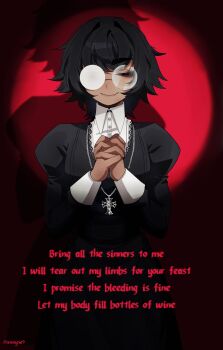 1girl absurdres black_dress black_eyeshadow black_hair blurry breasts closed_eyes collared_shirt cross cross_necklace depth_of_field dress english_text eyeshadow fang frills glasses glint highres jewelry makeup medium_breasts messy_hair monk necklace nun ny_000a original praying puffy_sleeves red_background shirt short_hair skin_fang spiked_hair tan traditional_nun twitter_username white_sleeves