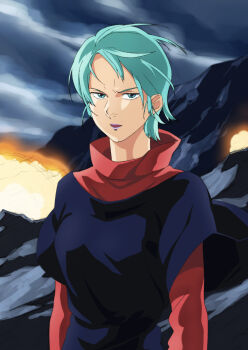 Rule 34 | 1980s (style), 1girl, angry, aqua hair, battle, cloud, cloudy sky, commentary request, destruction, explosion, fake screenshot, four murasame, green eyes, gundam, highres, light frown, looking at viewer, masunikuru, mount kilimanjaro, oldschool, open mouth, purple lips, retro artstyle, science fiction, serious, sky, solo, spoilers, zeta gundam