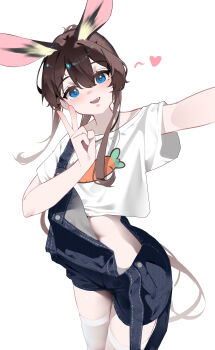 Rule 34 | 1girl, :d, absurdres, alternate costume, amiya (arknights), animal ears, arknights, blue eyes, blue overalls, brown hair, carrot print, chinese commentary, commentary, crop top, cropped shirt, food print, hair between eyes, hair over shoulder, heart, highres, long hair, looking at viewer, open mouth, overalls, overalls partially removed, print shirt, rabbit ears, rabbit girl, selfie, shenmi de xigua, shirt, short sleeves, simple background, smile, solo, t-shirt, teeth, thighhighs, thighs, upper teeth only, v, very long hair, white background, white shirt