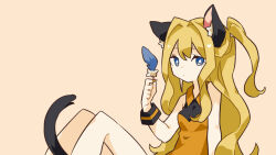 Rule 34 | 1girl, animal ears, blue eyes, cat ears, cat tail, collared shirt, expressionless, feathers, holding, holding feather, knees up, long hair, looking to the side, lupin strawberry, seeu, shirt, sleeveless, sleeveless shirt, solo, tail, two side up, very long hair, vocaloid, wrist cuffs