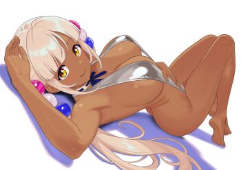 1girl armpits barefoot blonde_hair breasts cleavage commentary danimocles dark-skinned_female dark_skin english_commentary feet grey_slingshot_swimsuit hair_ornament highres hololive hololive_english knees_up large_breasts legs long_hair looking_at_viewer lying monokini on_back paid_reward_available planet_hair_ornament revealing_clothes sidelocks simple_background slingshot_swimsuit smile soles solo swimsuit toes tsukumo_sana twintails very_long_hair virtual_youtuber white_background yellow_eyes