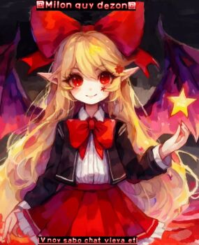 1girl bat_wings black_coat blonde_hair bow coat elis_(touhou) facial_mark flower hair_bow hair_flower hair_ornament highres long_hair long_sleeves pointy_ears red_bow red_skirt shirt skirt smile solo spanish_text star_(symbol) touhou touhou_(pc-98) vest wand webp-to-png_conversion white_shirt wings wixtener