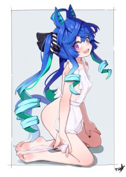 1girl @_@ absurdres ahoge animal_ears apron barefoot black_nails blue_eyes blue_hair boppin breasts commission feet heterochromia highres horse_ears horse_girl horse_tail kneeling loli long_hair looking_at_viewer open_mouth sharp_teeth small_breasts soles solo tail teeth toes twin_turbo_(umamusume) twintails umamusume variant_set