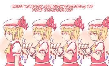 4girls :| ascot blonde_hair clone closed_mouth commentary crystal english_commentary english_text flandre_scarlet four_of_a_kind_(touhou) frilled_wrist_cuffs frills hat lunatic_gun meme mob_cap multiple_girls multiple_persona one_side_up pointy_ears puffy_short_sleeves puffy_sleeves red_eyes red_skirt red_vest reisen_udongein_inaba short_sleeves skirt touhou trust_nobody_not_even_yourself_(meme) vest white_hat wrist_cuffs yellow_ascot yoruny