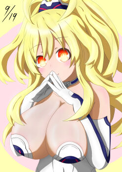 absurdres bare_shoulders blonde_hair bodysuit breasts busy cleavage gloves hair_ornament hairclip highres konkon2828 large_breasts long_hair neptune_(series) pish ponytail smile upper_body very_long_hair yellow_eyes yellow_heart_(neptunia)