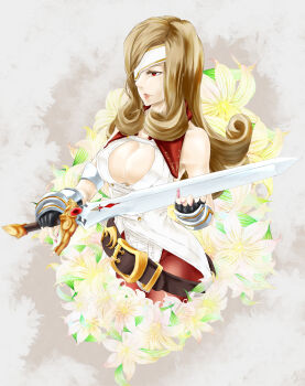 00s 1girl absurdres armor beatrix belt breasts brown_hair cleavage eyepatch female_focus final_fantasy final_fantasy_ix gloves highres hiiragi_ren large_breasts long_hair nail_polish pantyhose red_eyes solo sword weapon