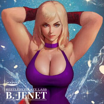 1girl armpits arms_behind_head arms_up b._jenet blonde_hair blue_eyes breasts cleavage dress fatal_fury garou:_mark_of_the_wolves highres ickpot large_breasts lips seductive_smile sleeveless smile source_request the_king_of_fighters