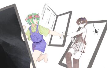 2boys alternate_eye_color antenna_hair basil_(headspace)_(omori) basil_(omori) black_eyes black_hair black_nails black_tank_top black_thighhighs blue_eyes blue_overalls collared_shirt colored_skin door doorway double-parted_bangs flower flower_wreath green_hair green_nails green_shirt hair_between_eyes head_wreath highres holding holding_knife knife light_bulb looking_at_another male_focus multiple_boys omori omori_(omori) open_mouth overall_shorts overalls parted_lips psychokokuon shirt short_hair short_sleeves shorts sidelocks smile tank_top thighhighs white_shorts white_skin