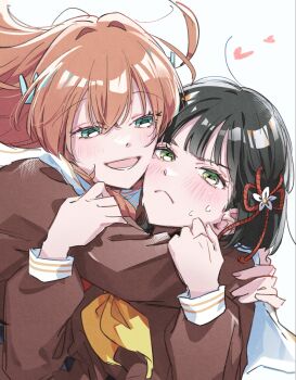&gt;:( 2girls :d aqua_eyes arms_around_neck black_hair blunt_bangs blunt_ends bob_cut brown_dress cerise_bouquet cheek-to-cheek commentary_request crossed_bangs dress floating_hair flower flower_knot frown green_eyes hair_between_eyes hair_flower hair_intakes hair_ornament half-closed_eyes hands_on_another&#039;s_arm hasu_no_sora_school_uniform heads_together highres hinoshita_kaho hug link!_like!_love_live! long_hair long_sleeves looking_at_another love_live! lower_teeth_only momose_ginko multiple_girls neckerchief open_mouth orange_hair rabbit_hair_ornament red_neckerchief sailor_collar sailor_dress saito_shiorii school_uniform short_hair smile sweat teeth tsundere two_side_up v-shaped_eyebrows virtual_youtuber white_flower white_sailor_collar winter_uniform yellow_neckerchief yuri