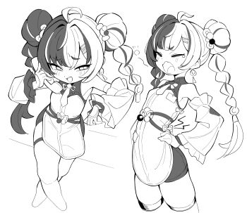 Rule 34 | 1girl, absurdres, ahoge, bare shoulders, braid, braided twintails, closed eyes, detached sleeves, dialyn (zenless zone zero), dress, greyscale, hair ornament, hairclip, hands on own hips, highres, holding, holding phone, ketsu juuji killer (kejuki), long hair, looking at viewer, mesugaki, monochrome, multicolored hair, multiple views, open mouth, parallel hairclips, parted bangs, phone, smile, split-color hair, squeans, white background, yawning, zenless zone zero