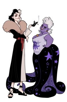 101_dalmatians 2girls breasts cigarette cleavage colored_skin cruella_de_vil disney earrings full_body highres holding holding_cigarette jewelry juanmao long_hair makeup multiple_girls necklace purple_skin short_hair smile the_little_mermaid_(disney) ursula_(disney) white_hair