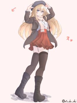 1girl absurdres alternate_costume atodashi beret bismarck_(kancolle) black_panties black_thighhighs blonde_hair blue_eyes blush boots breasts brown_jacket full_body hat highres jacket kantai_collection long_hair looking_at_viewer panties red_skirt shirt skirt solo thighhighs twitter_username underwear white_background white_shirt yellow_background