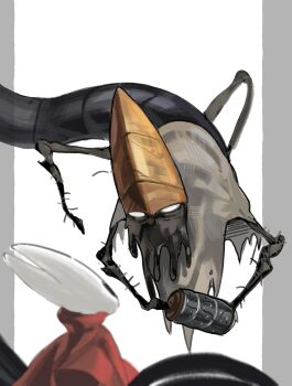 1girl 1other arthropod_girl b_b_knight black_skin blank_eyes cloak colored_skin commentary_request conical_hat creature grey_shirt hat highres holding hollow_knight hollow_knight:_silksong horned_mask hornet_(hollow_knight) korean_commentary looking_at_another mask no_mouth red_cloak shirt simple_background torn_clothes torn_shirt vaultkeeper_cardinius_(hollow_knight) white_background white_mask