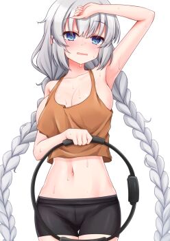 @_@ aatsu arm_up bare_shoulders bike_shorts black_shorts blue_eyes blush braid breasts cleavage crop_top exercising exhausted hand_on_own_forehead highres hip_focus kizuna_akari long_hair looking_at_viewer medium_breasts midriff navel no_bra orange_tank_top parted_lips ring-con short_shorts shorts sideboob sweat tank_top thigh_gap twin_braids twintails very_long_hair vocaloid voiceroid white_hair