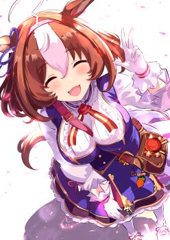 1girl :d ^_^ absurdres ahoge animal_ears breasts brown_hair closed_eyes highres horse_ears horse_girl horse_tail kanon_(flowercanon) medium_breasts meisho_doto_(turbulent_blue)_(umamusume) meisho_doto_(umamusume) multicolored_hair open_mouth short_hair simple_background smile solo streaked_hair tail umamusume w white_background white_hair