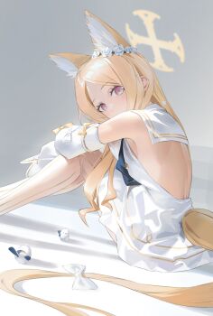 1girl absurdres animal_ear_fluff animal_ears backless_dress backless_outfit bird blonde_hair blue_archive bow commentary detached_sleeves dress english_commentary feet_out_of_frame fox_ears fox_girl fox_tail halo highres knees_up looking_at_viewer looking_to_the_side pantyhose seia_(blue_archive) shortofsugar sitting solo striped_clothes striped_pantyhose tail tail_bow tail_ornament vertical-striped_clothes vertical-striped_pantyhose white_bow white_dress