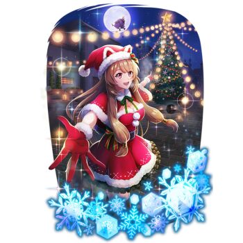 1girl :d animal_ear_headwear artist_request belt black_belt blunt_bangs breasts brick_floor brown_hair cape capelet chest_tattoo christmas christmas_ornaments christmas_tree city cleavage cowboy_shot dress eyelashes fake_animal_ears filolial frilled_dress frills full_body fur-trimmed_cape fur-trimmed_capelet fur-trimmed_dress fur-trimmed_gloves fur_trim game_cg gloves green_ribbon hat light_particles long_hair looking_at_viewer lower_teeth_only metal_hair_tubes neck_ribbon night night_sky official_alternate_costume official_art open_mouth outstretched_arms pink_eyes pointing pointing_at_object pom_pom_(clothes) raphtalia red_capelet red_dress red_gloves red_hat ribbon santa_costume santa_dress santa_hat short_dress simple_background sky sleeveless sleeveless_dress smile snowflakes solo sparkle star_(sky) starry_sky straight_hair strapless strapless_dress tate_no_yuusha_no_nariagari tate_no_yuusha_no_nariagari_rerise tattoo teeth tongue transparent_background