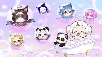 :3 ^_^ ahoge animal animal_costume animal_focus baobao_(infinity_nikki) bath bathing bathtub bird_wings black_cloak black_halo black_wings blue_bow blue_bowtie blue_cloak bow bowtie brooch bubble bubble_background bubble_bath cat circlet cloak closed_eyes closed_mouth clothed_animal commentary_request cosplay covered_eyes diamond_(gemstone) feathered_wings fins frilled_cloak glasses halo hand_on_own_cheek hand_on_own_face happy head_fins hood hood_up hooded_cloak infinity_nikki jewelry kigurumi light_blush momo_(nikki) mysaki26 navel nikki_(series) no_humans official_alternate_costume opaque_glasses open_mouth panda panda_costume partially_submerged pink-tinted_eyewear pink_background pink_bow pink_bowtie pink_clouds print_hood red_bow red_bowtie sleeping smile spiked_halo spread_wings starry_sky_print sunglasses thumbs_up tinted_eyewear towel towel_on_head traditional_bowtie triangular_eyewear whiskers white_bow white_bowtie white_cat winged_animal wings yellow_cloak