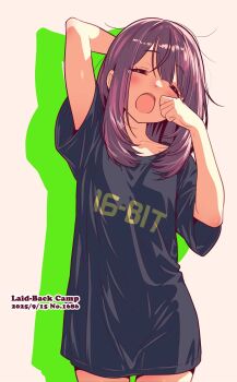 Rule 34 | 1girl, arm up, blush, closed eyes, commentary request, copyright name, cowboy shot, dated, drop shadow, highres, jagi (jagi souken), numbered, open mouth, purple hair, shirt, short sleeves, simple background, solo, stretching, t-shirt, toki ayano, white background, yawning, years, yurucamp