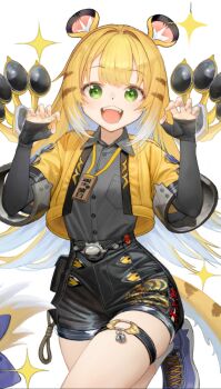 1girl :d animal_ear_fluff animal_ears black_shorts blonde_hair blue_shoes bow claw_pose colored_inner_hair commentary_request fake_claws green_eyes grey_shirt hands_up high-waist_shorts jacket ju_fufu long_hair looking_at_viewer medallion multicolored_hair nyatabe open_mouth orange_fur shirt shirt_tucked_in shoes shorts simple_background smile socks solo sparkle sparkling_eyes standing standing_on_one_leg striped_fur striped_hair tail tail_bow tail_ornament thigh_strap tiger_ears tiger_girl tiger_stripes tiger_tail weapon white_background white_socks yellow_jacket zenless_zone_zero