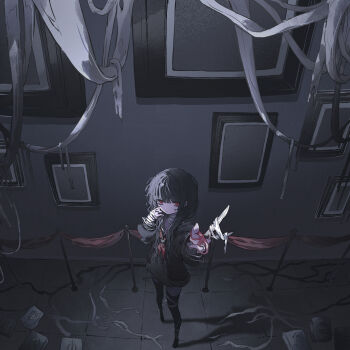 1girl absurdres bandaged_leg bandaged_wrist bandages black_dress black_hair black_horns black_shirt black_thighhighs commentary_request dress from_behind frown full_body highres holding holding_scissors horns indoors lankilanki looking_at_viewer looking_up medium_hair original picture_frame red_eyes scissors shirt solo stanchion thighhighs tissue_box
