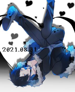 Rule 34 | 1boy, 2021, black hair, black jacket, blue eyes, blue flower, blue hair, coat, dated, durarara!!, flower, fur-trimmed coat, fur-trimmed hood, fur-trimmed jacket, fur trim, heart, highres, hood, hood down, jacket, lips, long sleeves, looking at viewer, lying, male focus, multicolored hair, on back, open mouth, orihara izaya, pa yashi, pants, parted lips, short hair, smile, solo, upside-down