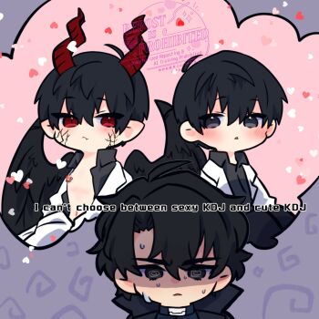 3boys @_@ black_coat black_eyes black_hair black_shirt black_wings coat collared_shirt colored_veins commentary double-parted_bangs dual_persona english_commentary feathered_wings hair_between_eyes highres kim_dokja kimidori_22 male_focus multiple_boys nipples official_alternate_costume omniscient_reader&#039;s_viewpoint open_clothes open_coat open_shirt partially_shaded_face popped_collar red_eyes shirt short_hair speech_bubble sweatdrop thought_bubble white_coat wings yoo_joonghyuk