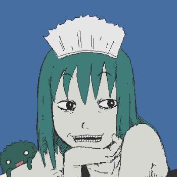 1girl :d aqua_hair black_eyes blue_background close-up female_focus green_hair head_rest iya_maid lowres maid_headdress marimo neji_(futaba) o_o oekaki open_mouth original short_hair simple_background sketch smile solo teeth