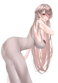 1girl absurdres ass bent_over breast_tattoo breasts brown_hair commentary_request dongtan_dress dress flower_tattoo from_side grey_dress hanging_breasts highres honkai_(series) honkai_impact_3rd large_breasts long_hair looking_at_viewer match_(scp115) red_eyes rita_rossweisse sideboob simple_background solo tattoo very_long_hair white_background