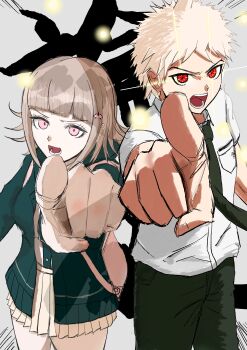 Rule 34 | 1boy, 1girl, absurdres, ahoge, breasts, brown hair, brown skirt, collared shirt, commentary request, danganronpa (series), danganronpa 2: goodbye despair, flipped hair, green necktie, hair ornament, highres, hinata hajime, hinata hajime (awakened), jacket, long sleeves, looking at viewer, medium hair, mob track, nanami chiaki, neck ribbon, necktie, open clothes, open jacket, open mouth, pants, pink eyes, pink ribbon, pointing, pointing at viewer, red eyes, ribbon, shirt, short hair, short sleeves, skirt, teeth, two-tone shirt, white hair, white shirt