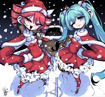 2girls blue_eyes blue_hair chimney cleavage_cutout clothing_cutout drill_hair hands_on_own_hips hashtag-only_commentary hat hatsune_miku highres holding holding_sack kasane_teto little_mojoi multiple_girls one_eye_closed red_eyes red_hair sack santa_costume santa_hat sharp_teeth snow synthesizer_v teeth twintails utau vocaloid