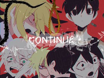 Rule 34 | 3boys, antenna hair, basil (faraway) (omori), basil (omori), black eyes, black hair, black tank top, blonde hair, blue eyes, commentary request, double-parted bangs, dual persona, english text, hair between eyes, highres, kauchi (kani10cauchi), lower teeth only, male focus, multiple boys, noose, omori, omori (omori), open mouth, plant, red eyes, short hair, sidelocks, spoilers, sunny (omori), sweat, tank top, teeth, thorns, upper teeth only, vines