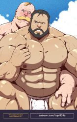 Rule 34 | 2boys, abs, absurdres, alex louis armstrong, bald, bara, beard, black hair, blonde hair, blue eyes, blush, bulge, couple, facial hair, foreplay, full beard, fullmetal alchemist, hand on another&#039;s thigh, highres, huge pectorals, looking to the side, male focus, mature male, multiple boys, muscular, muscular male, mustache, navel, nipples, paid reward available, sig curtis, smile, stomach, strongman waist, thick beard, thick eyebrows, thick thighs, thighs, topi (topi5356), veins, veiny arms