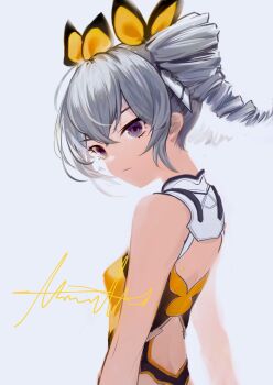 Rule 34 | 1girl, ahivemind, backless leotard, bow, breasts, bronya zaychik, bronya zaychik (yamabuki armor), commentary request, drill hair, grey background, grey eyes, grey hair, hair bow, highres, honkai (series), honkai impact 3rd, leotard, signature, simple background, small breasts, solo, twin drills, yellow bow, yellow leotard
