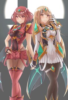 2girls absurdres armor bare_shoulders black_gloves black_pantyhose blonde_hair bob_cut breasts chest_jewel commentary_request core_crystal_(xenoblade) dress earrings elbow_gloves fingerless_gloves floating_earrings gloves hand_on_own_hip hand_up highres impossible_clothes jewelry katou_shin&#039;ya_(gingin_power) large_breasts long_hair microdress multiple_girls mythra_(massive_melee)_(xenoblade) mythra_(xenoblade) neon_trim nintendo pantyhose pantyhose_under_shorts pyra_(xenoblade) red_eyes red_hair red_shorts red_thighhighs short_hair short_sleeves shorts shoulder_armor smile super_smash_bros. swept_bangs thigh_strap thighhighs thighhighs_over_pantyhose tiara very_long_hair white_dress white_gloves xenoblade_chronicles_(series) xenoblade_chronicles_2 yellow_eyes