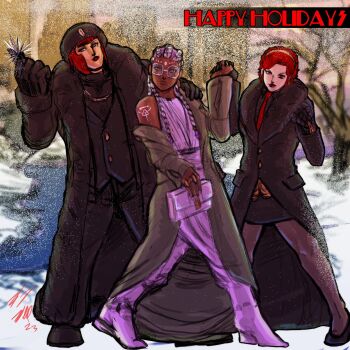 3girls bodypaint boots braid braided_ponytail coat dark-skinned_female dark_skin dolores_(kof) dress female_focus glasses green_eyes hairband high_heels highres jewelry long_hair looking_at_viewer marisa_(street_fighter) multicolored_hair multiple_girls outdoors pale_skin purple_hair red_eyes red_hair round_eyewear smile smiley_face snow street_fighter taurence_bell the_king_of_fighters thick_lips thick_thighs thighs two-tone_hair vanessa_(kof) white_hair wide_hips