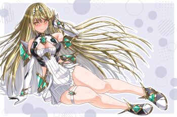 1girl absurdres blonde_hair blush border breasts chest_jewel cleavage cleavage_cutout clothing_cutout commentary_request dress earrings elbow_gloves full_body gloves grey_background highres jewelry large_breasts long_hair microdress simple_background solo thigh_strap tiara wade_(njud8343) white_border white_dress white_gloves xenoblade_chronicles_(series) xenoblade_chronicles_2 yellow_eyes